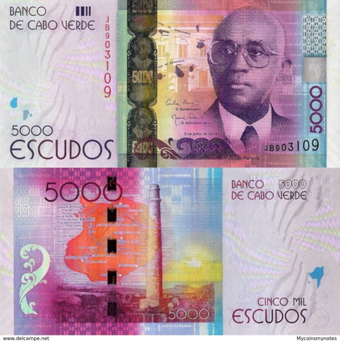 Cape (Cabo) Verde Complete Set Of Escudos, 200, 500, 1000, 2000, 5000, 2014, UNC - Cap Verde