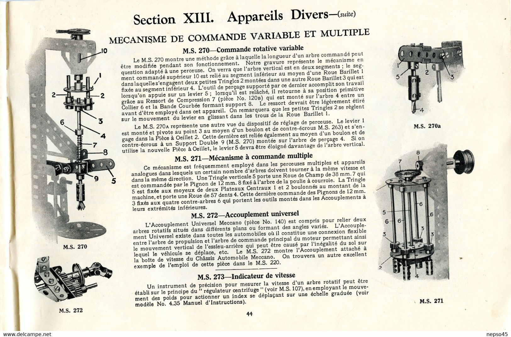 Catalogue Meccano.mécanismes standar.engrenages.embrayages.changements de vitesse.courroies.poulies.mécanismes à vis.