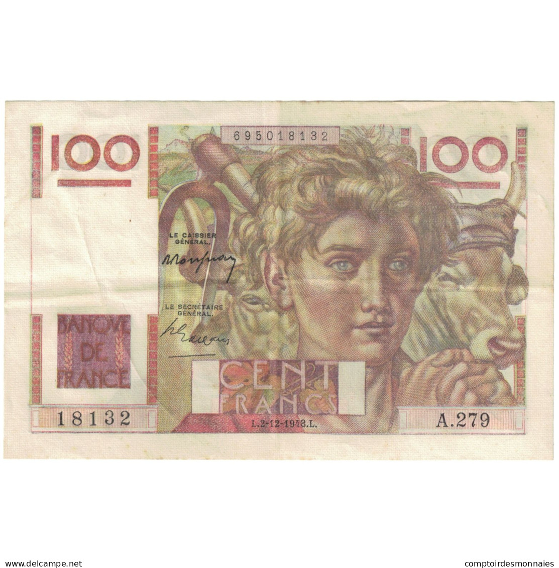 France, 100 Francs, Jeune Paysan, 1948, 18132 A.279, TTB+, Fayette:28.20 - 100 F 1945-1954 ''Jeune Paysan''