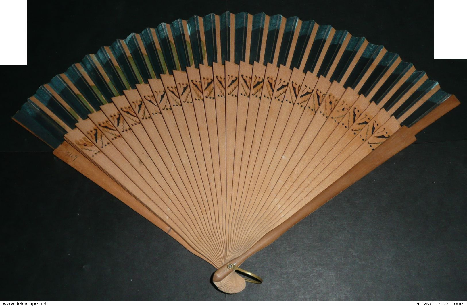 Rare éventail En Bois Et Tissu Peints à Décor Géométrique Vintage - Fans