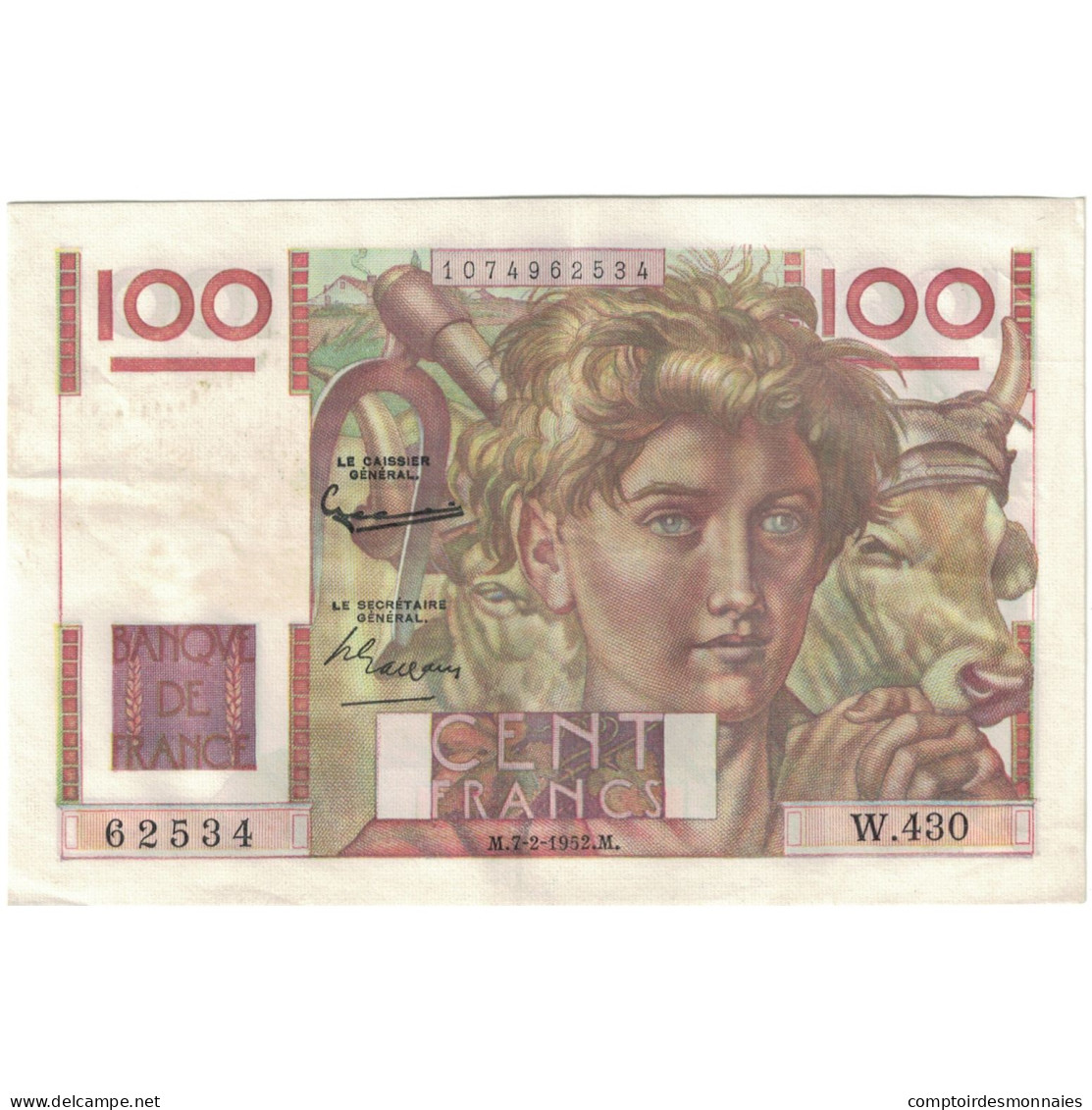 France, 100 Francs, Jeune Paysan, 1952, 62534 W.430, SUP, Fayette:28.31, KM:128d - 100 F 1945-1954 ''Jeune Paysan''