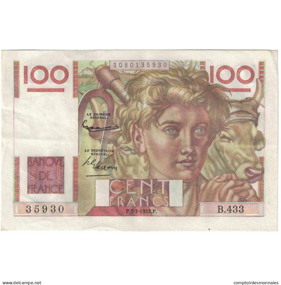 France, 100 Francs, Jeune Paysan, 1952, 35930 B.433, SUP+, Fayette:28.31 - 100 F 1945-1954 ''Jeune Paysan''