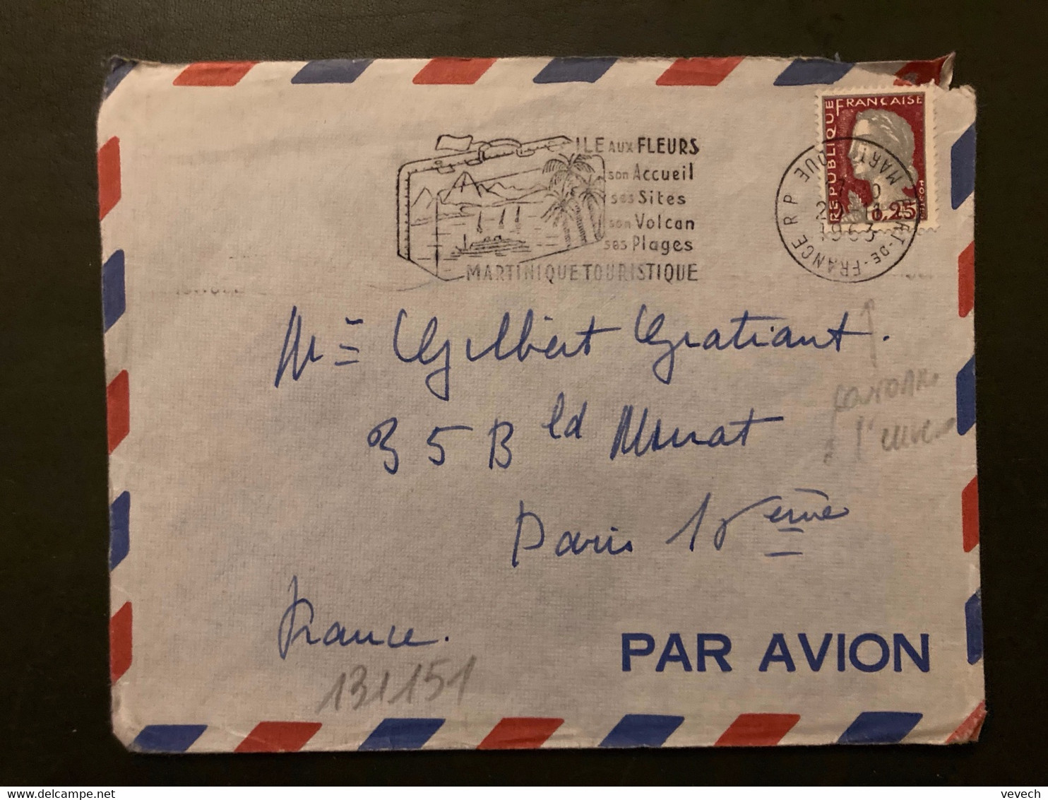 LETTRE M. DE DECARIS 0,25 OBL.MEC. VARIETE 20-11 1963 FORT DE FRANCE RP MARTINIQUE - 1960 Marianne Van Decaris