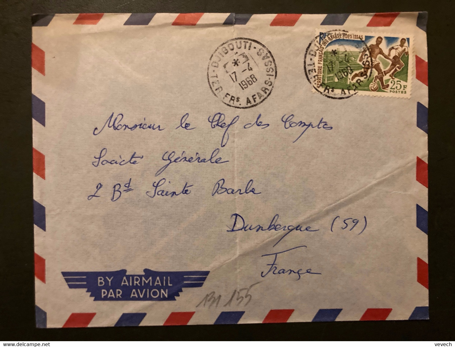 LETTRE TP FOOTBALL 25F OBL.17-4 1968 DJIBOUTI - Covers & Documents