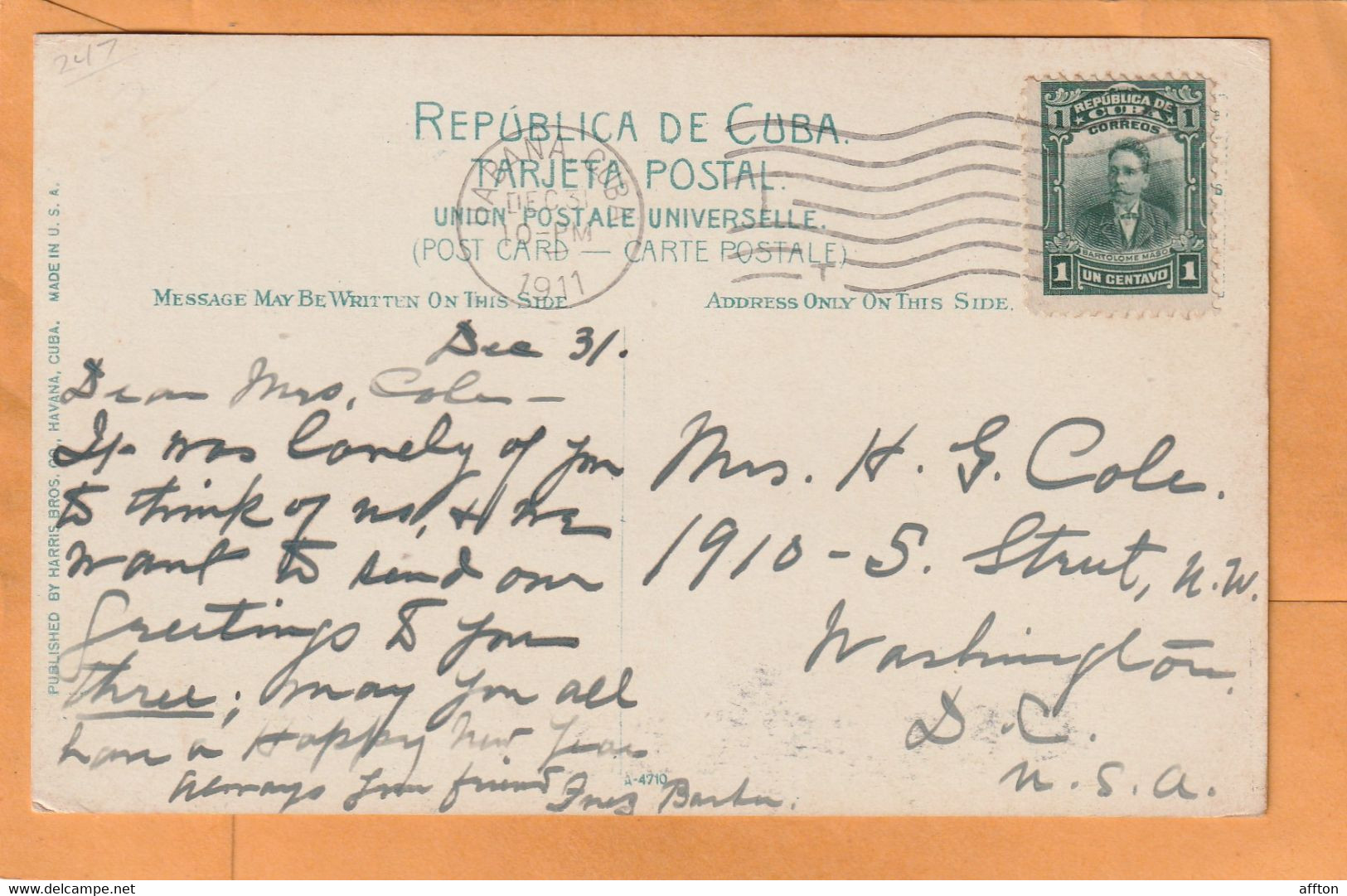 Havana Cuba 1911 Postcard Mailed - Storia Postale