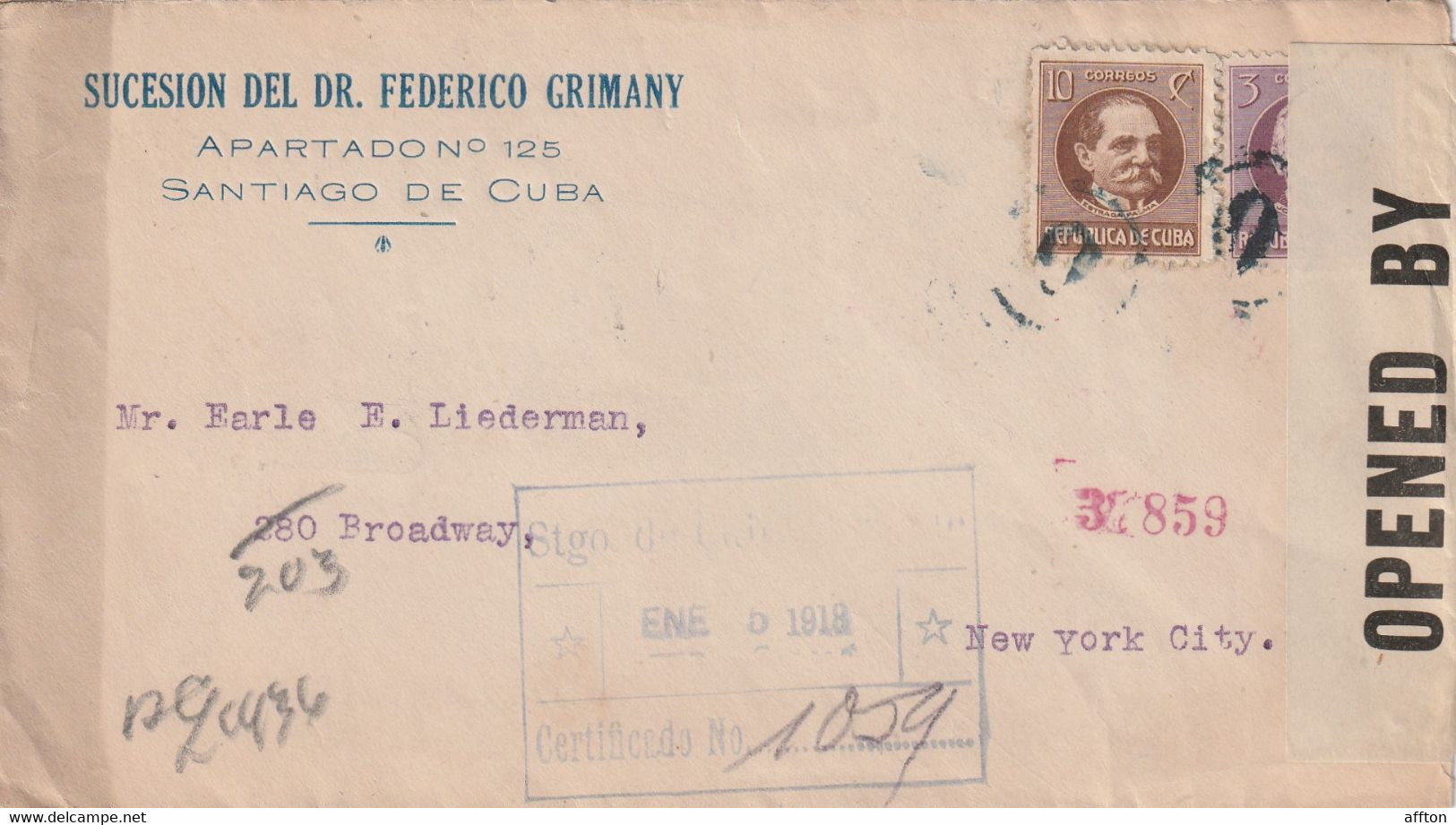 Santiago De Cuba 1918 Registered Cover Mailed Censored - Cartas & Documentos