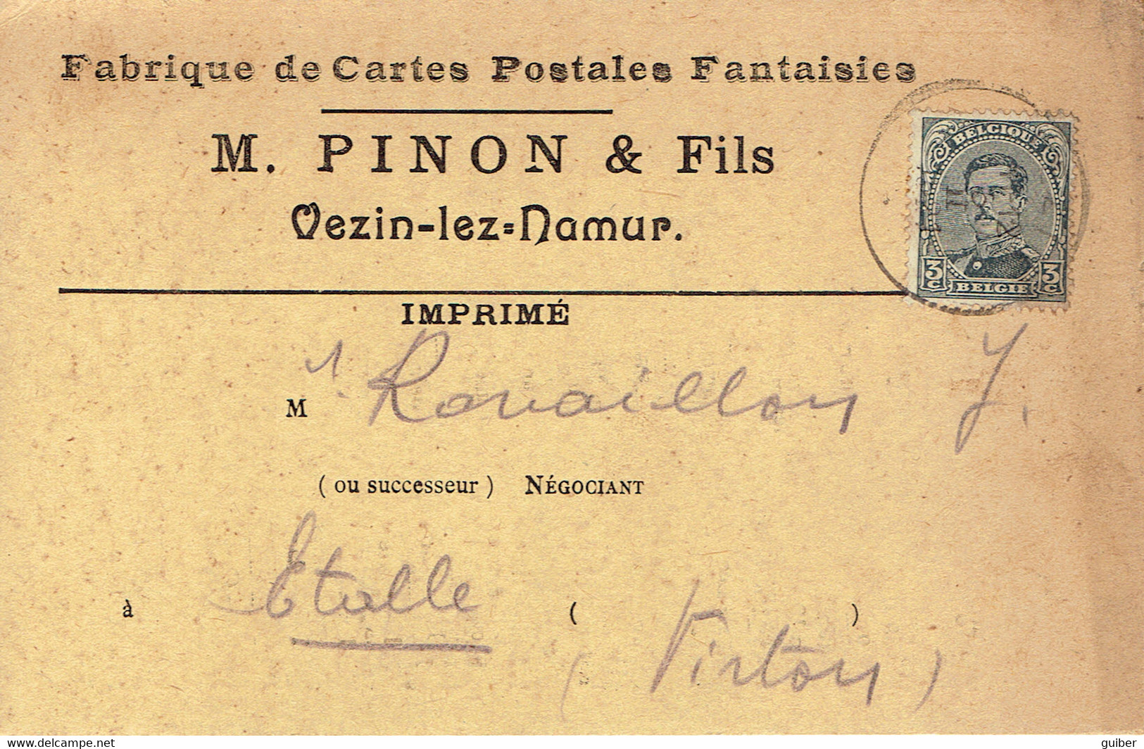 Vezin Lez Namur Fabrique De Cartes Postales Pinon Et Fils  Tarif Prix Courant - Andenne