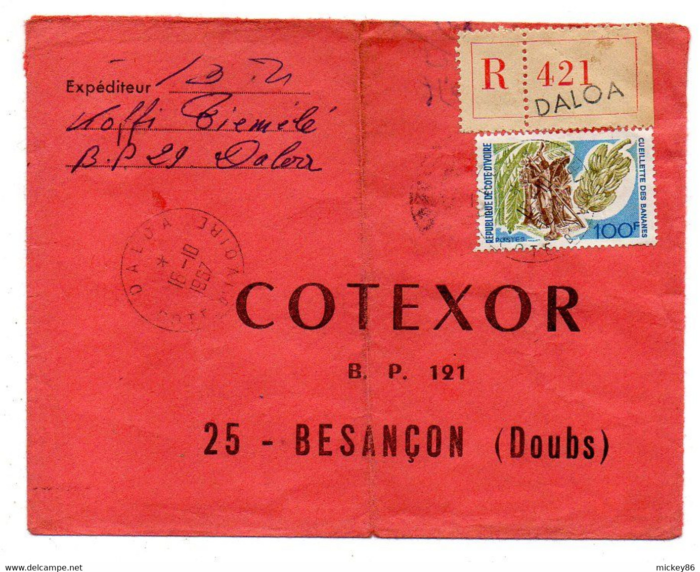 Côte D'Ivoire-1967- Lettre Recommandée DALOA Pour Besançon-25-tp Cueillette Bananes Seul Sur Lettre...cachet...à Saisir - Côte D'Ivoire (1960-...)