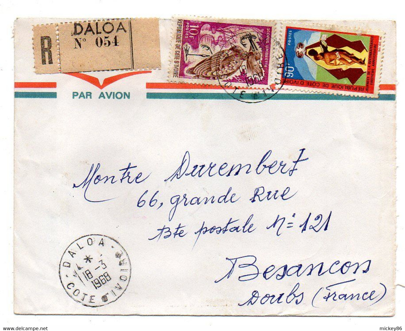 Côte D'Ivoire-1968- Lettre Recommandée DALOA Pour Besançon-25-  Tps Divers  Sur Lettre...cachet...à Saisir - Côte D'Ivoire (1960-...)