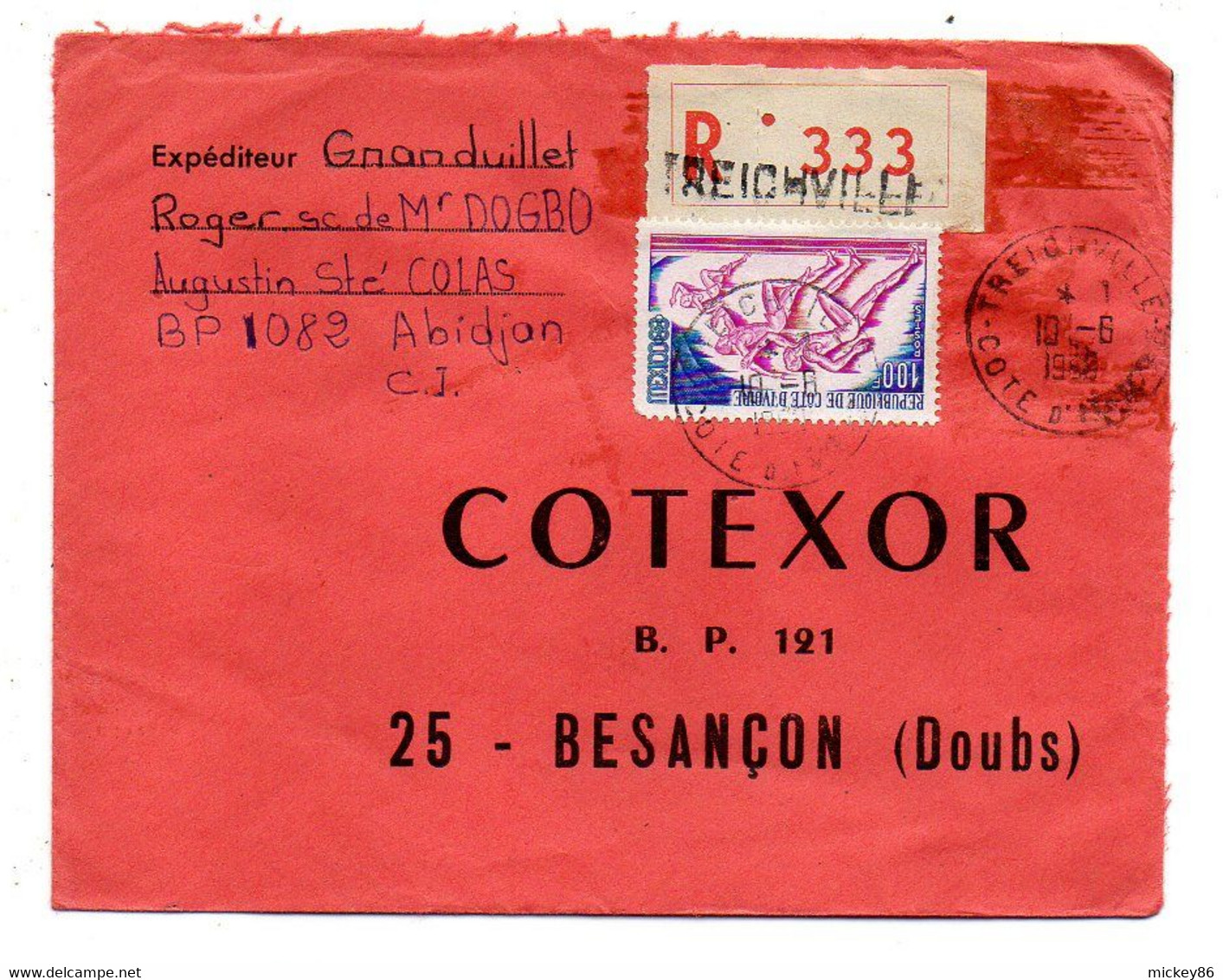 Côte D'Ivoire-1968-lettre Recommandée Pour Besançon-25-  Tp JO Mexico  Seul  Sur Lettre...cachet  TREICHVILLE - Costa D'Avorio (1960-...)