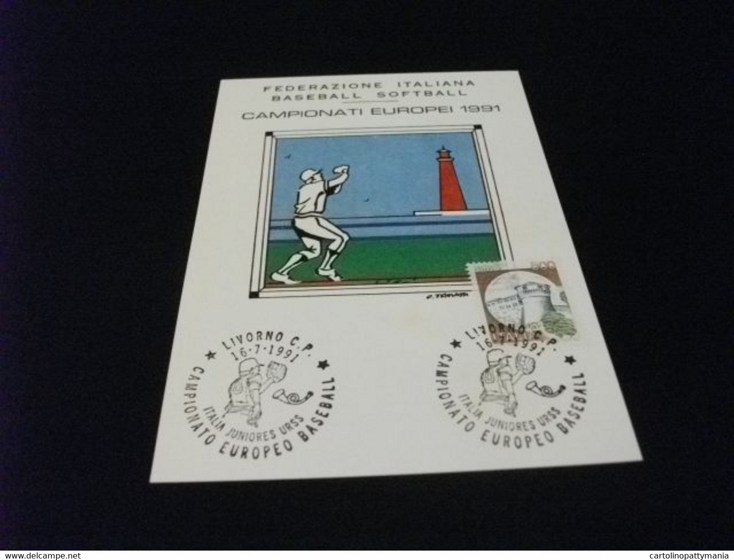 CARTOLINA POSTALE  CAMPIONATI EUROPEI BASEBALL 1991 SOFTBALL FEDERAZIONE ITALIANA ILLUSTRATORE TOMASSI LIVORNO - Baseball