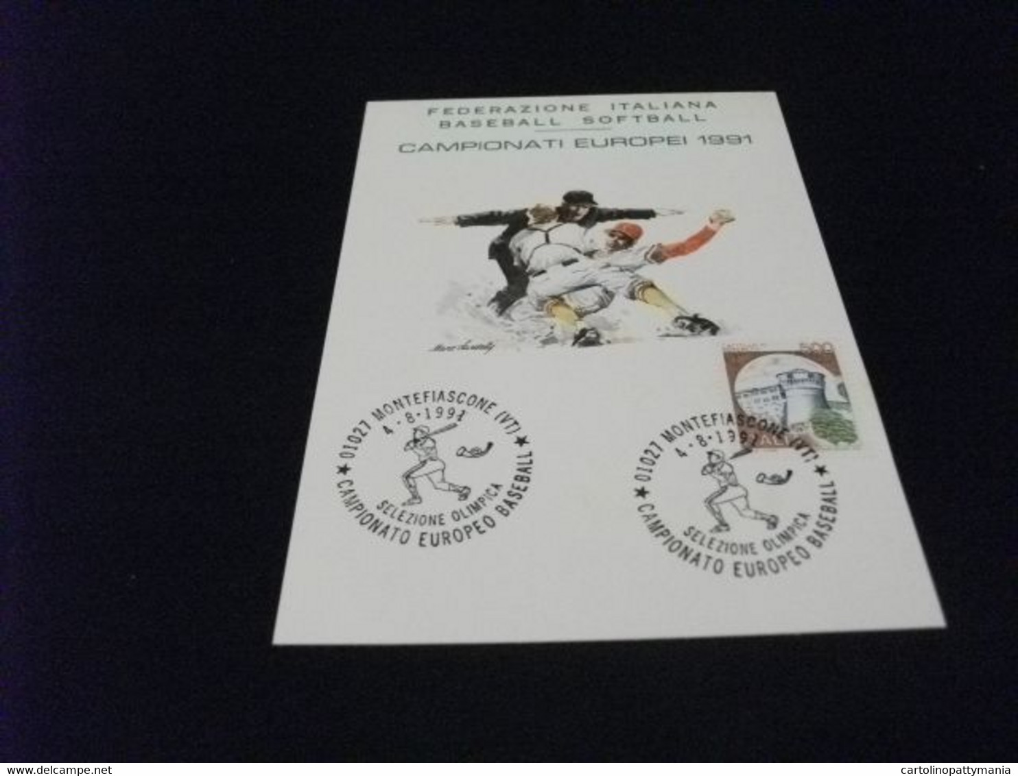 CARTOLINA POSTALE  CAMPIONATI EUROPEI BASEBALL 1991 SOFTBALL FEDERAZIONE ITALIANA ILLUSTRATORE SARDELLI MONTEFIASCONE VT - Baseball