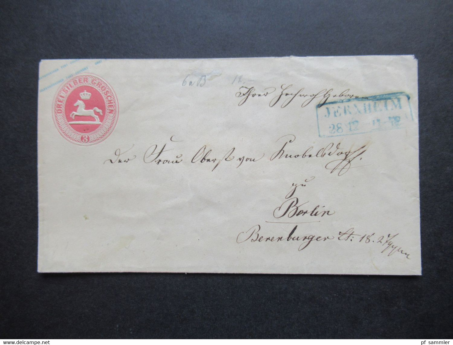 AD Braunschweig Um 1863 GA Umschlag U 6 A Stempel Ra2 Jerxheim Nach Berlin Gesendet - Braunschweig