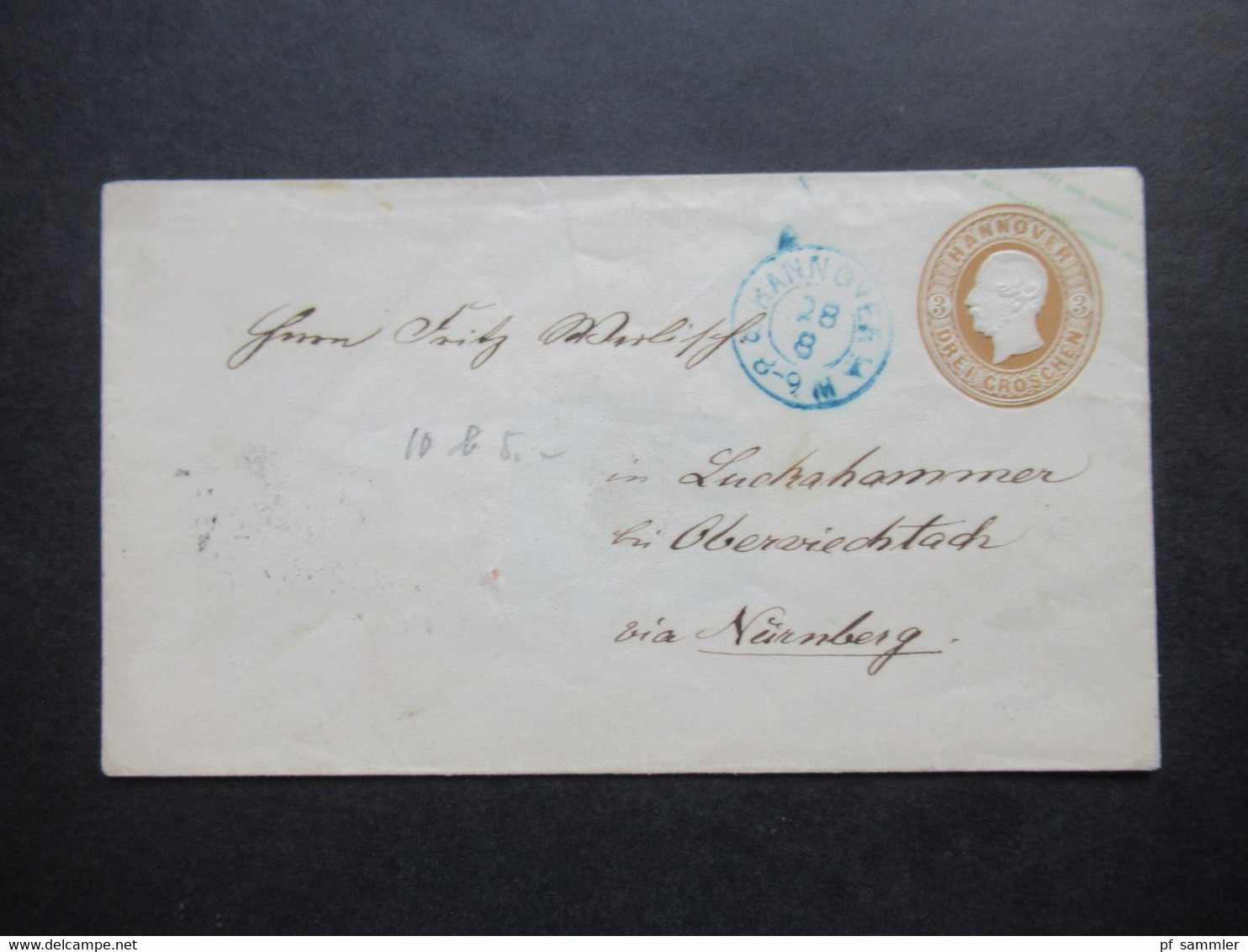 AD Hannover Um 1861 GA Umschlag U 10 Drei Groschen Blauer Stempel Hannover Nach Lachhammer Via Nürnberg Bahnpost - Hanover