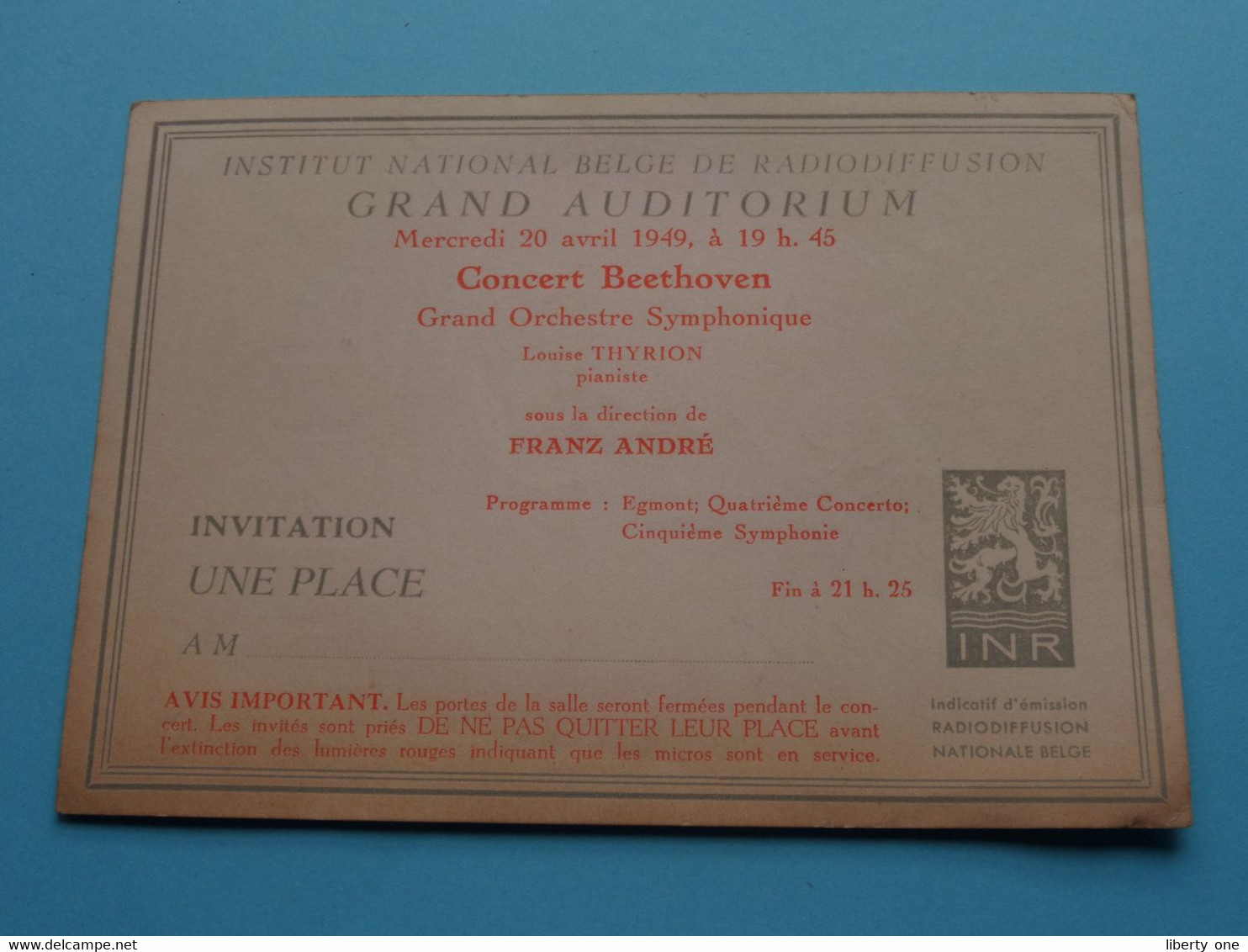 Invitation INSTITUT National BELGE De RADIODIFFUSION " INR " 1949 Concert BEETHOVEN >> Zie / Voir SCANS ! - Eintrittskarten