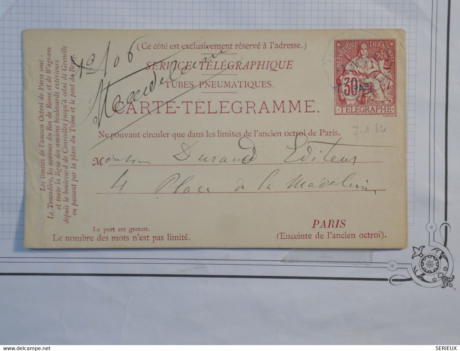 BH1 FRANCE BELLE CARTE  TELEGRAMME 30C   1889 PARIS PL.MADELEINE + +AFFRANCH. INTERESSANT - Altri & Non Classificati