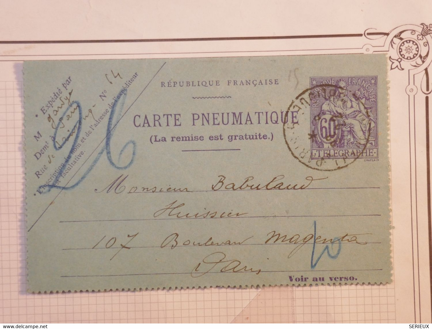 BH1 FRANCE BELLE CARTE  PNEUMATIQUE  60C   1922 PARIS  MAGENTA + +AFFRANCH. INTERESSANT - Rohrpost