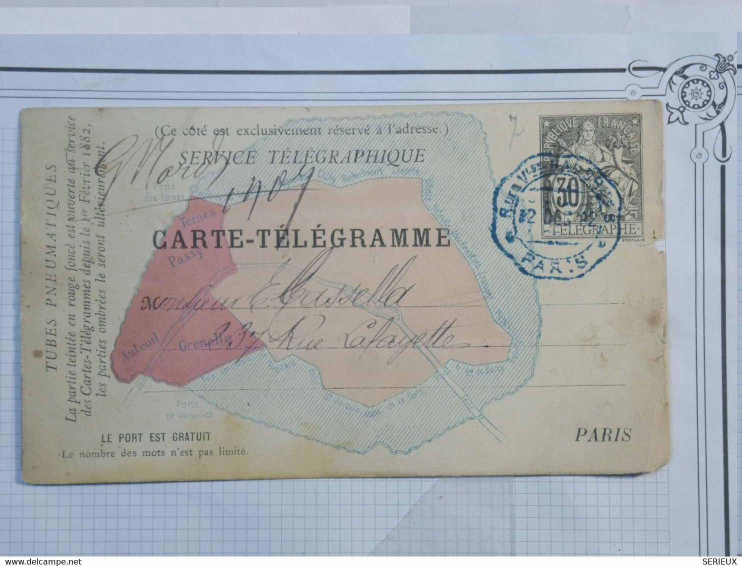 BH1 FRANCE BELLE CARTE  TELEGRAMME  30C   1882 PARIS LAFAYETTE + +AFFRANCH. INTERESSANT - Other & Unclassified