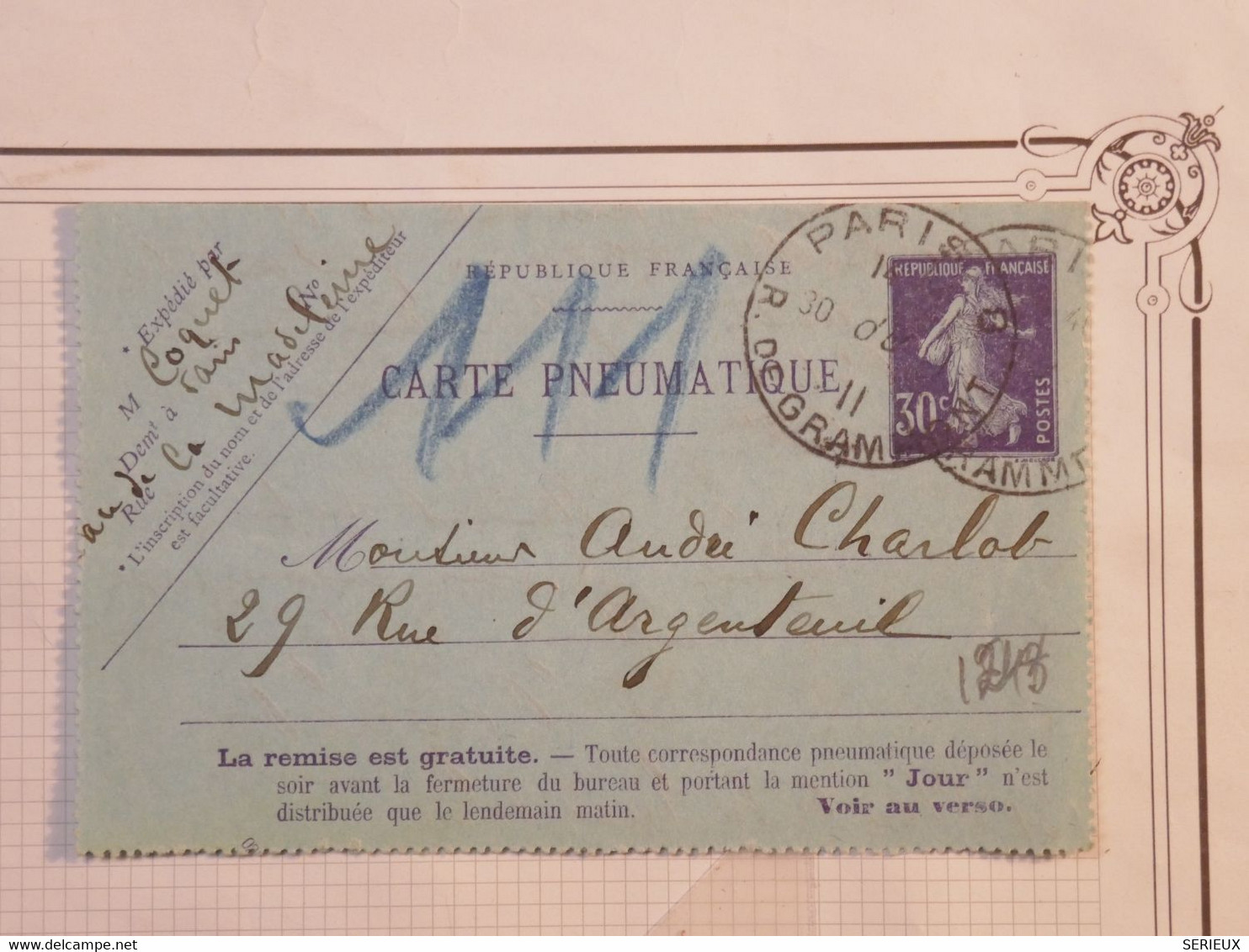 BH1 FRANCE BELLE CARTE PNEUMATIQUE  SEMEUSE 30C   1911 PARIS  MADELEINE  + +AFFRANCH. INTERESSANT - Rohrpost