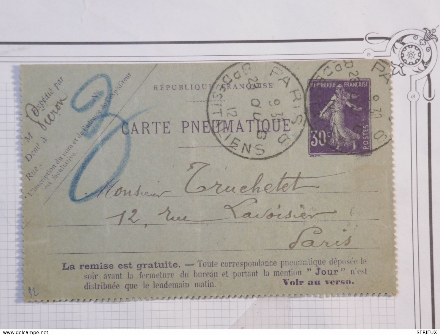 BH1 FRANCE BELLE CARTE PNEUMATIQUE  SEMEUSE 30C   1912 PARIS LAVOISIER + +AFFRANCH. INTERESSANT - Pneumatici