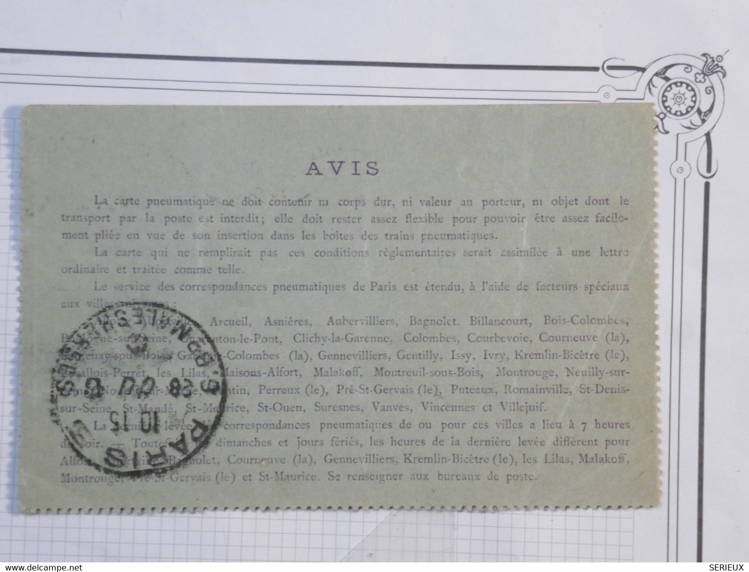 BH1 FRANCE BELLE CARTE PNEUMATIQUE  SEMEUSE 30C   1912 PARIS LAVOISIER + +AFFRANCH. INTERESSANT - Pneumatische Post