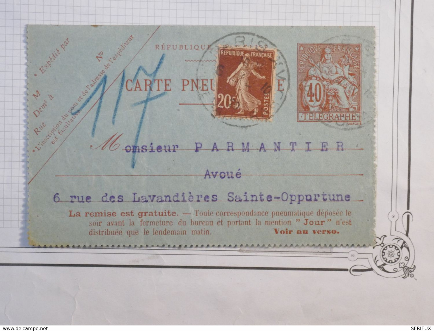 BH1 FRANCE BELLE CARTE PNEUMATIQUE  40C+SEMEUSE 20C   1920 PARIS + +AFFRANCH. INTERESSANT - Pneumatische Post