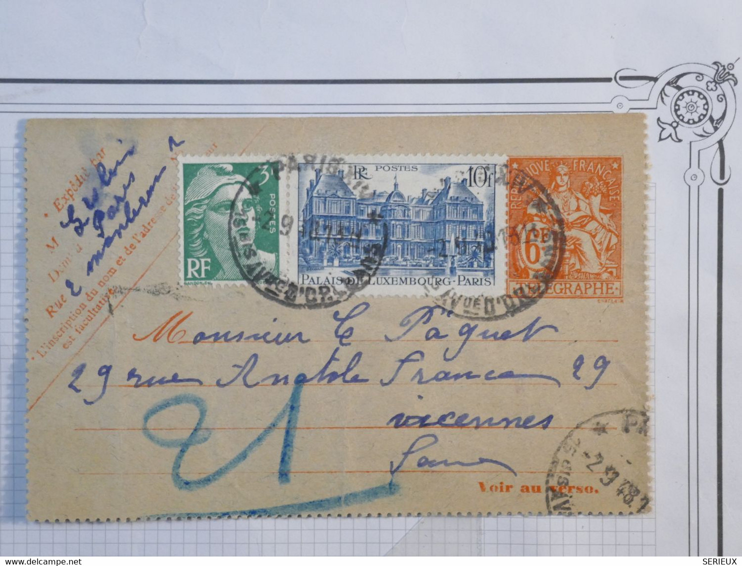 BH1 FRANCE BELLE CARTE PNEUMATIQUE 6F+++ 1948 PARIS + +AFFRANCH. INTERESSANT - Pneumatische Post