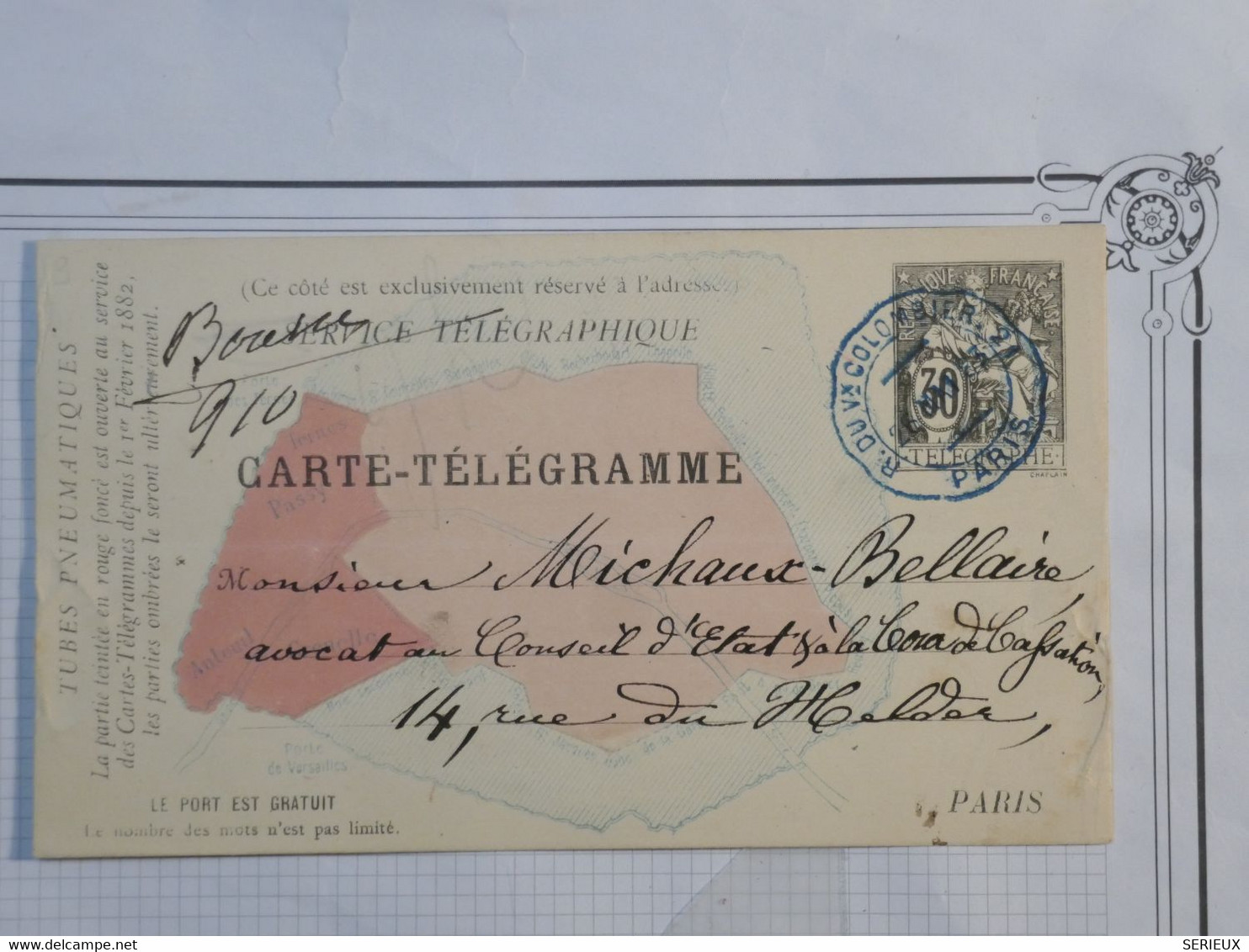 BH1 FRANCE BELLE CARTE TELEGRAMME 30C +++ ENV. 1890 PARIS VIEUX COLOMBIER+ +AFFRANCH. INTERESSANT - Pneumatici