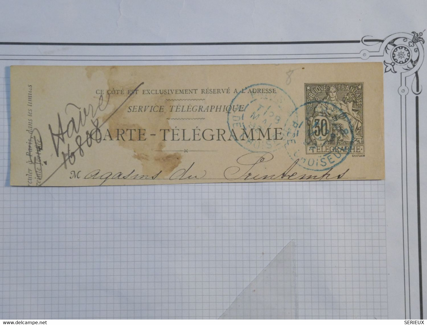 BH1 FRANCE DEMIE  CARTE TELEGRAMME 30C +++ ENV. 1892+AFFRANCH. INTERESSANT - Pneumatische Post