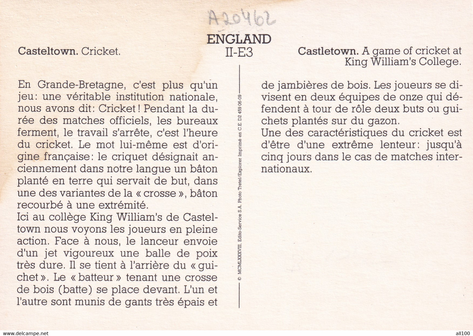 A20462 - CASTLETOWN A GAME OF CRICKET AT KING WILLIAM'S COLLEGE CRICKET ENGLAND UNITED KINGDOM - Cricket