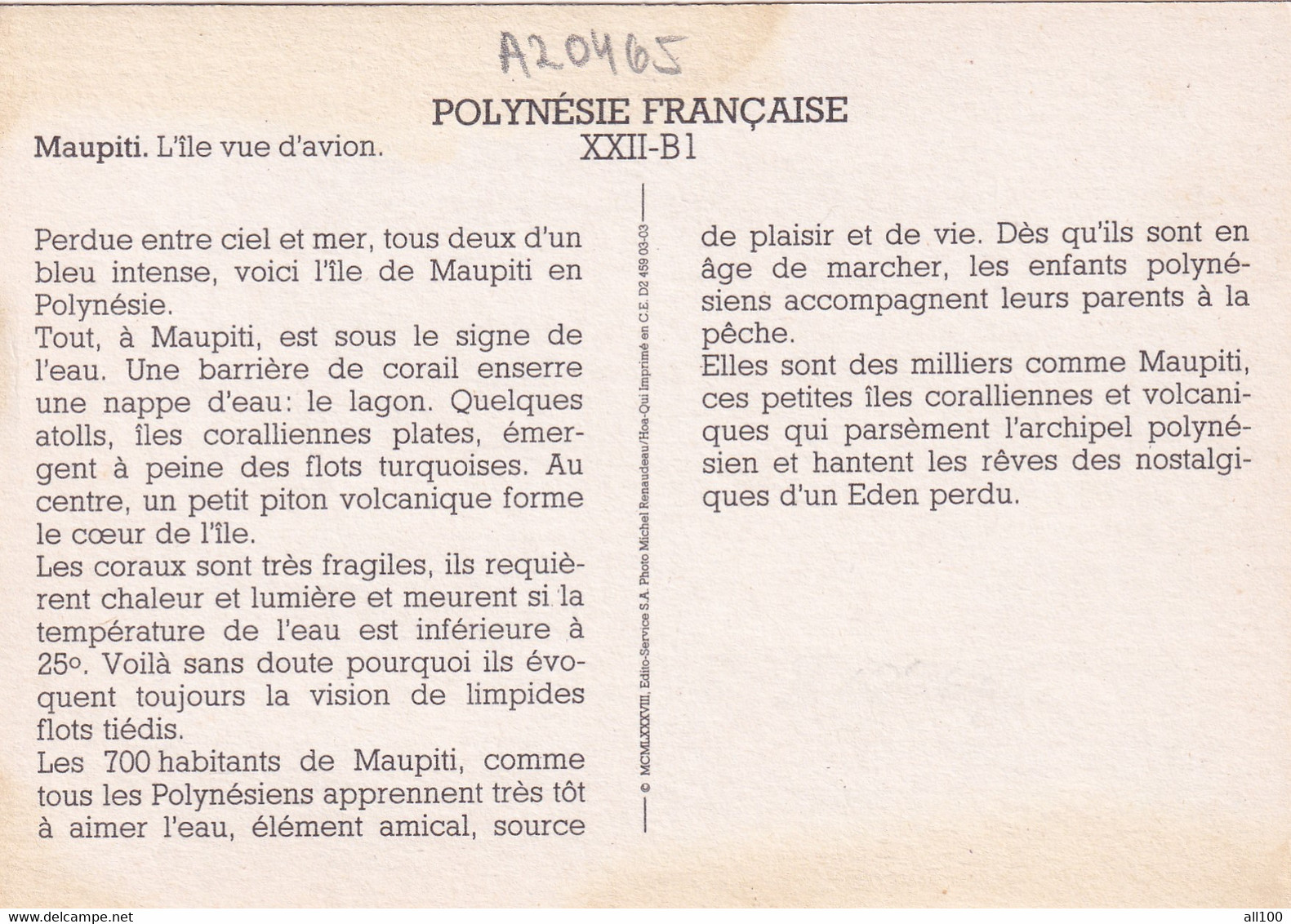 A20465 - MAUPITI L'ILE VUE D'AVION POLYNESIE FRANCAISE FRENCH POLYNESIA - Polynésie Française