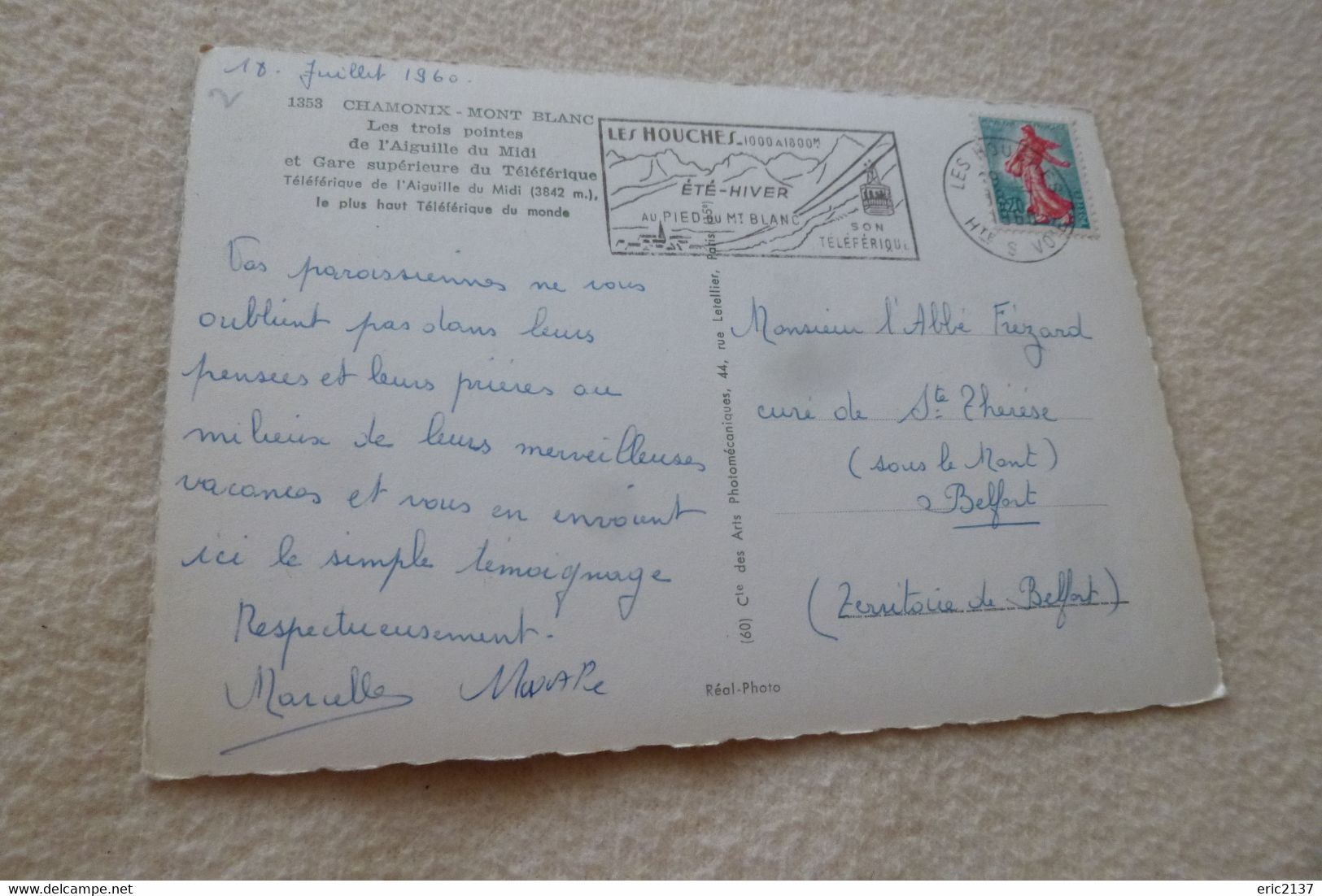 BELLE CARTE..."CHAMONIX..TELEFERIQUE".....FLAMME LES HOUCHES 18-7-1960 (re) - Alpinisme