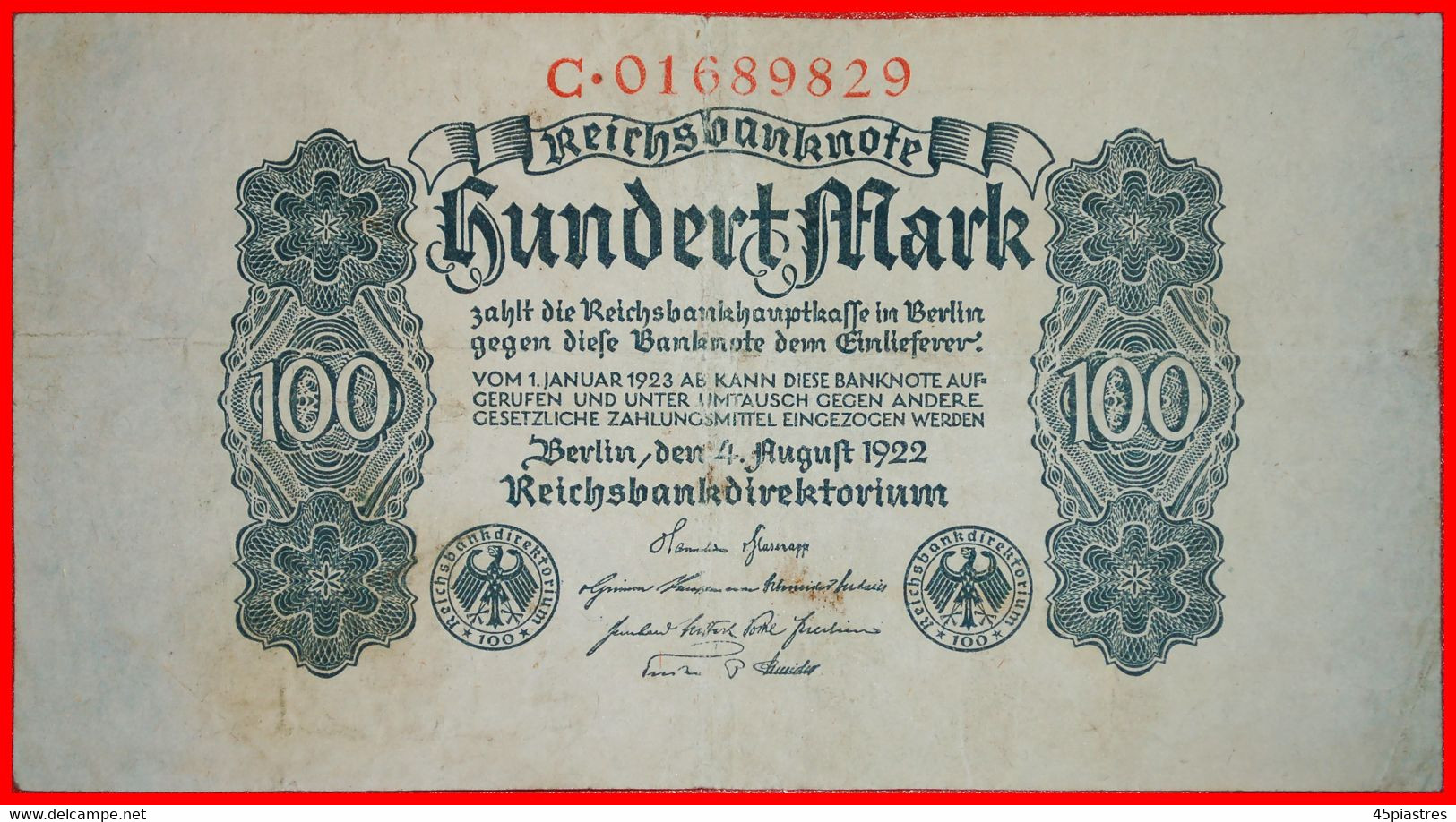 * REICHSBANKNOTE: GERMANY ★ 100 MARK 1922 SERIES LETTER C CRISP!★ LOW START ★ NO RESERVE! - 100 Mark