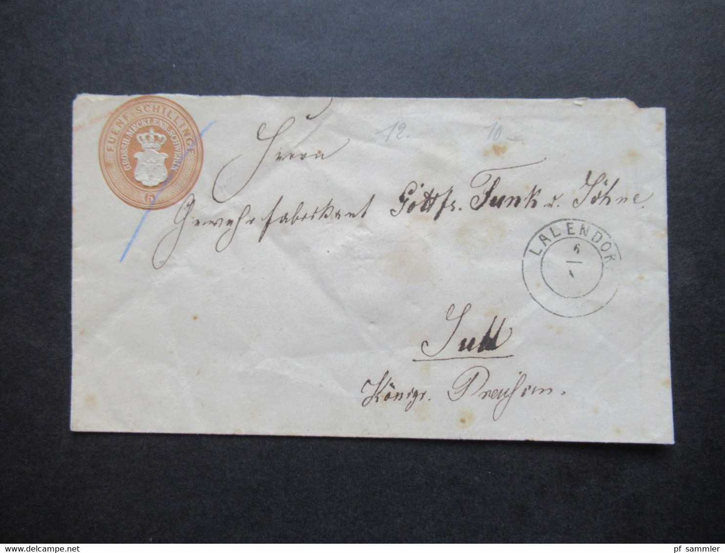 AD Mecklenburg-Schwerin Um 1864 GA Umschlag U 12 Fünf Schilling Stempel K2 Lalendorf Rückseitig Blauer Bahnpost Stempel - Mecklenbourg-Schwerin