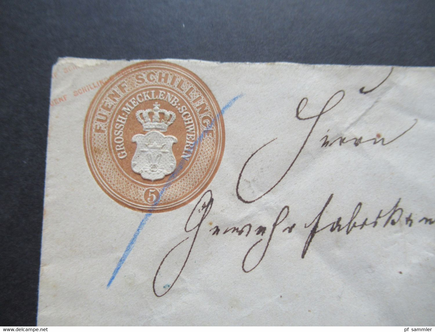 AD Mecklenburg-Schwerin Um 1864 GA Umschlag U 12 Fünf Schilling Stempel K2 Lalendorf Rückseitig Blauer Bahnpost Stempel - Mecklenbourg-Schwerin