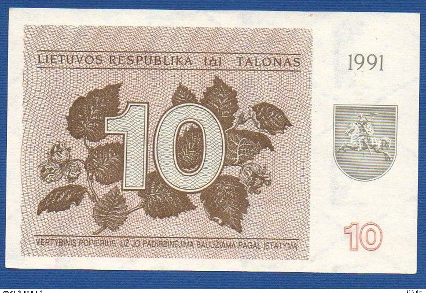 LITHUANIA - P.35b – 10 Talonas 1991 UNC-, Serie CV 462273 - Lithuania