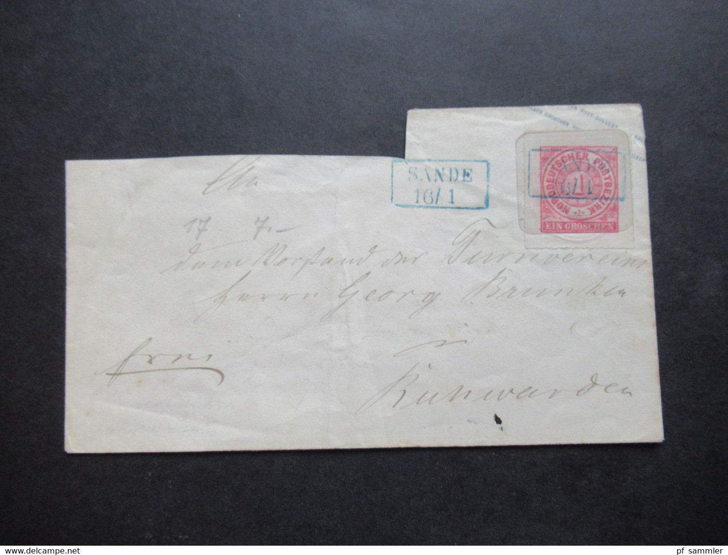 AD NDP Um 1862 1 Gr Auf Umschlägen Von Oldenburg U 16 Mit Blauem Oldenburg Stempel Ra2 Sande Nach Ruhwarden - Enteros Postales