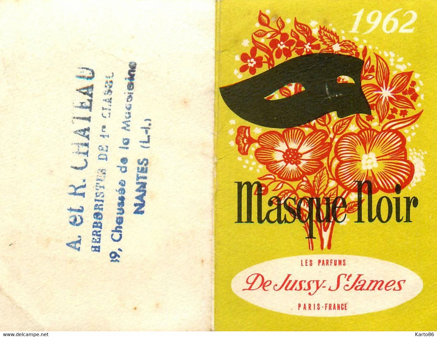 Petit Calendrier Carte Parfumée Illustrateur 1962 * Parfum  MASQUE NOIR Jussy St James * Herboriste CHATEAU Nantes - Mode