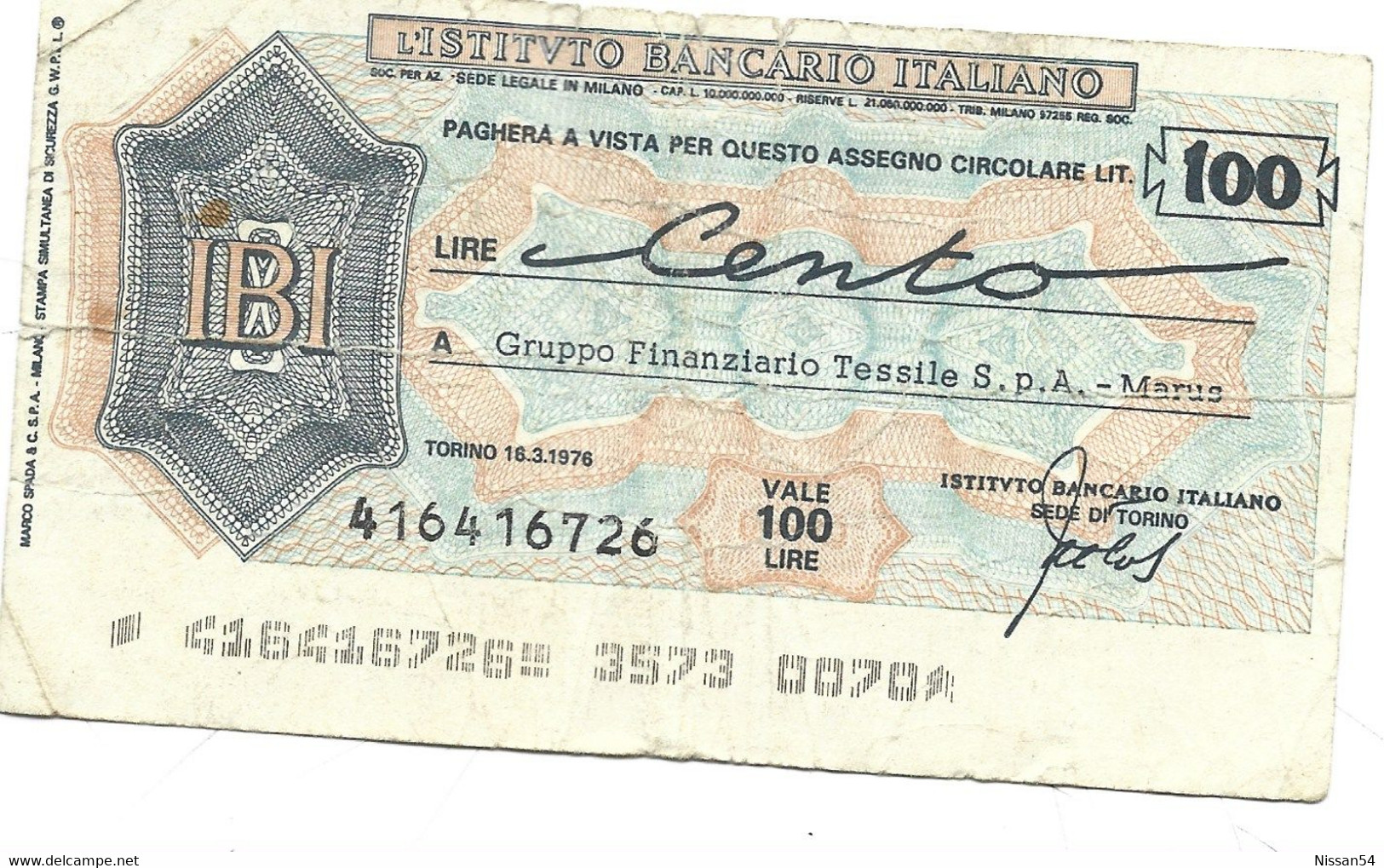 BILLET DE 100 LIRES L'ISTITUTO BANCARIO ITALIANO - [ 4] Emisiones Provisionales