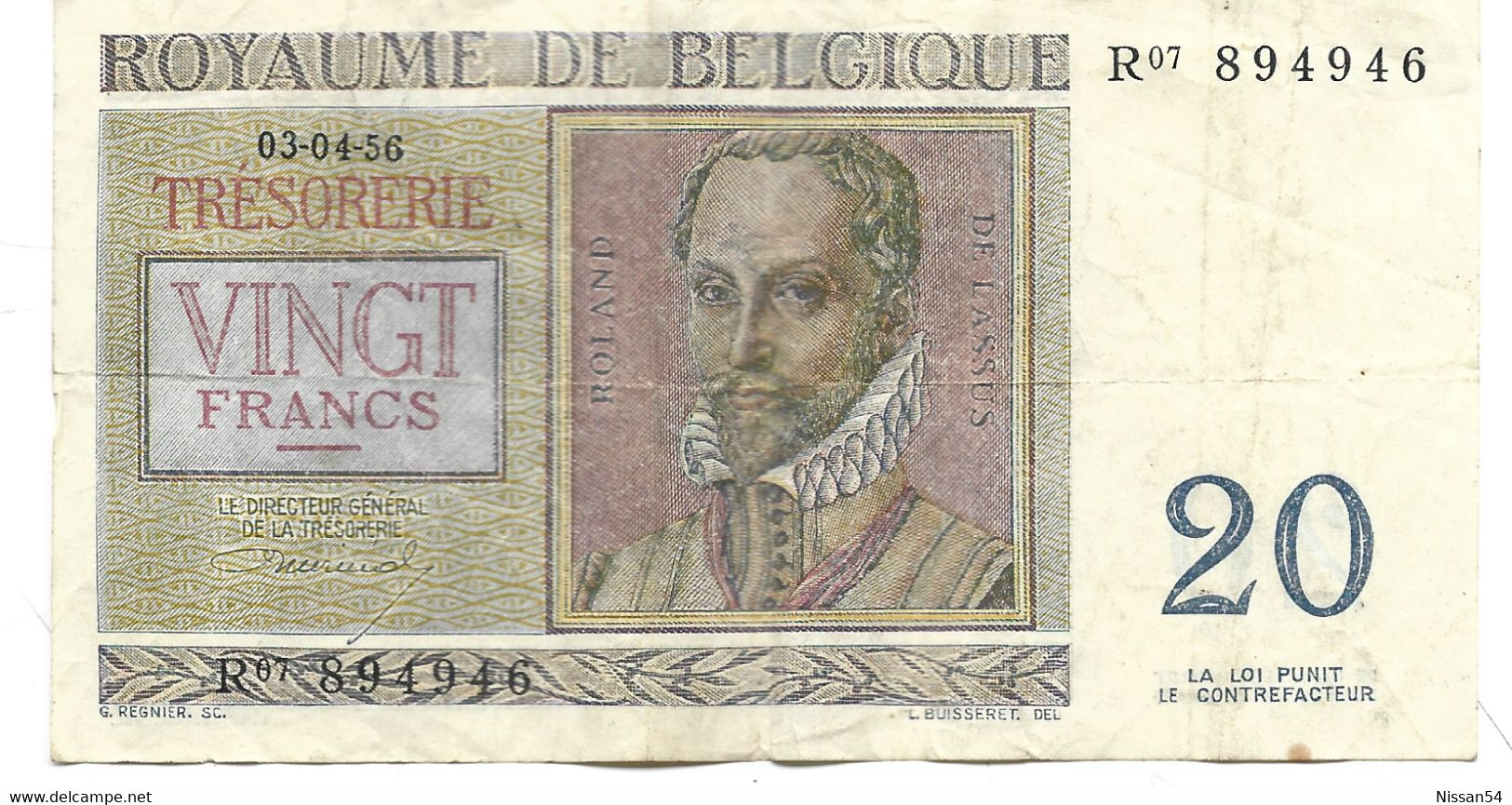 BILLET DE 20 Francs - ROYAUME DE BELGIQUE - PHILIPPUS DE MONTE - ROLAND DE LASSUS - KONINKRIJK BELGIE - 20 Francos