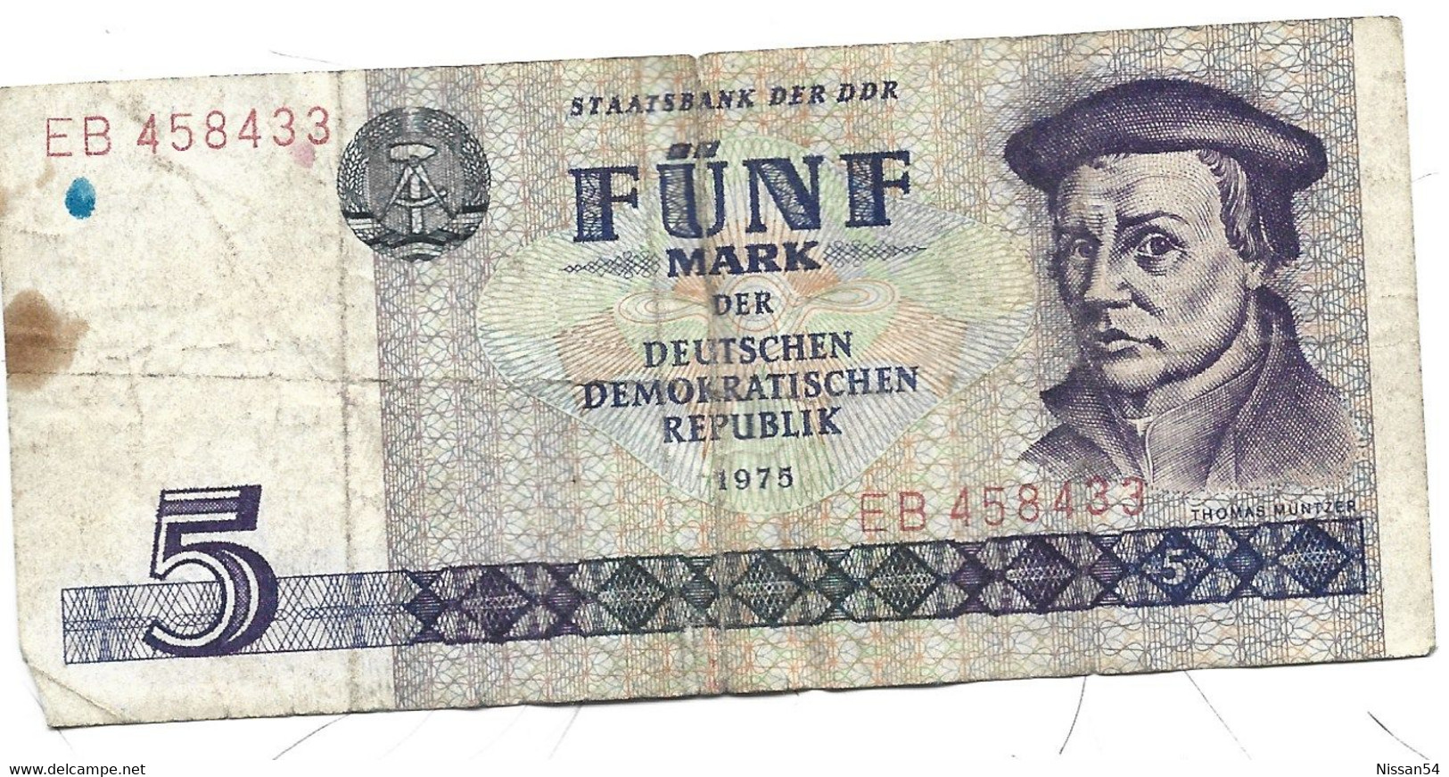 BILLET DE 5 DEUTSCHEN DEMOKRATISCHEN REPUBLIK - 1975 - MOISSONNEUSE - THOMAS MUNTZER - 5 Mark