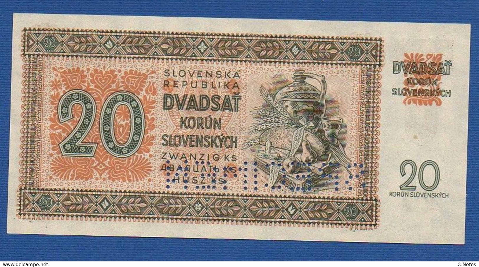 SLOVAKIA - P. 7s – 20 Korún Slovenských 1942 UNC Serie Ly 17 680843 SPECIMEN - Slovacchia