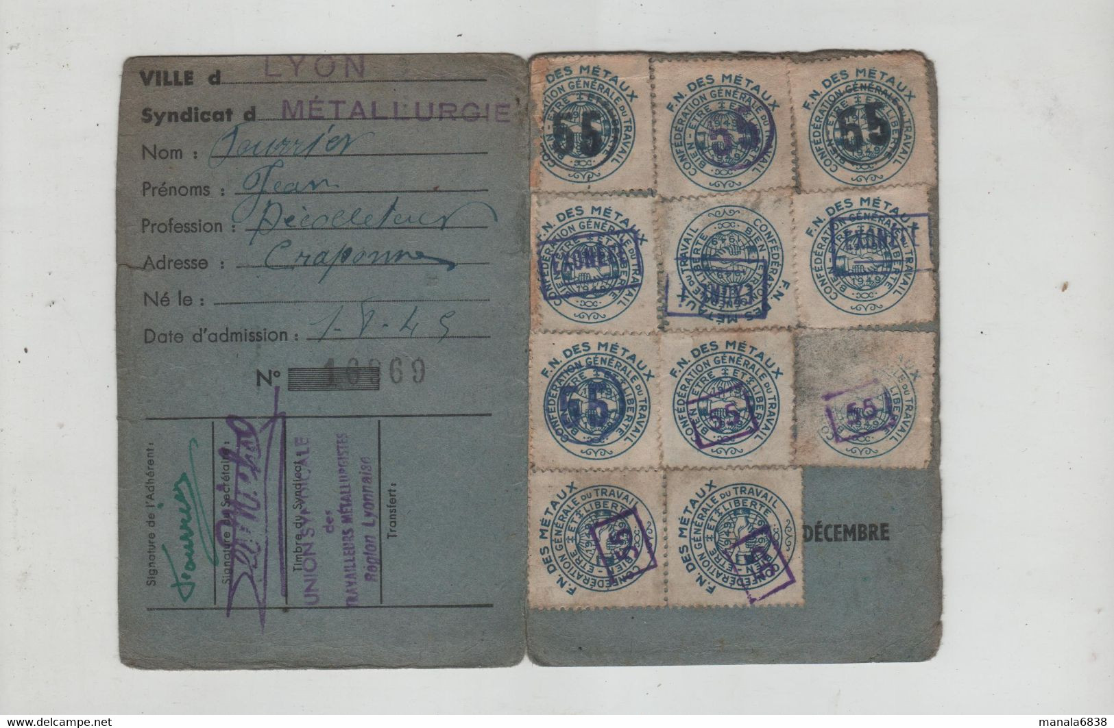 Carte Confédérale 1949 CGT Métallurgie Fourrier Décolleteur Craponne - Mitgliedskarten