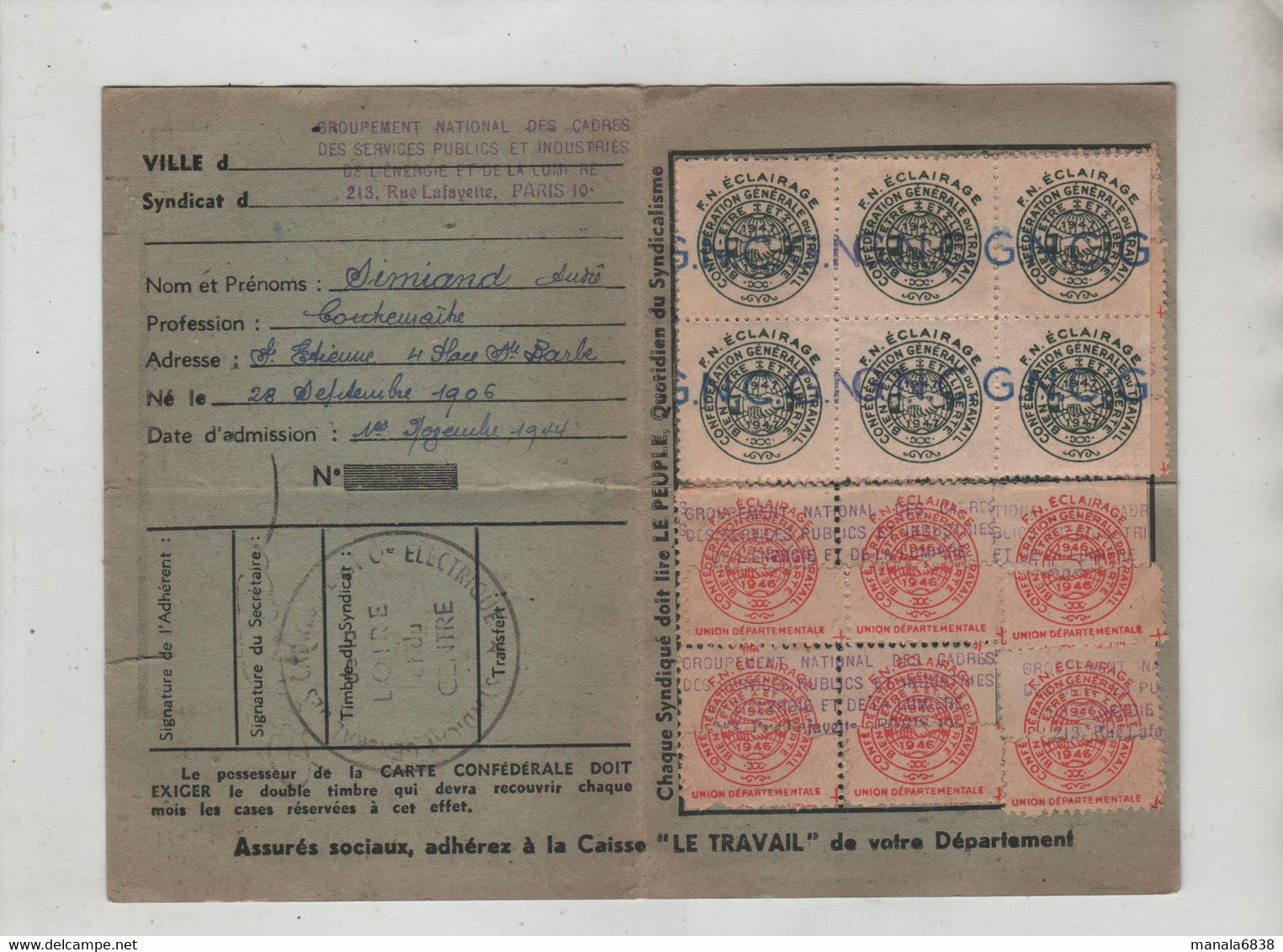 Carte Confédérale 1946 CGT Simiand Saint Etienne - Mitgliedskarten