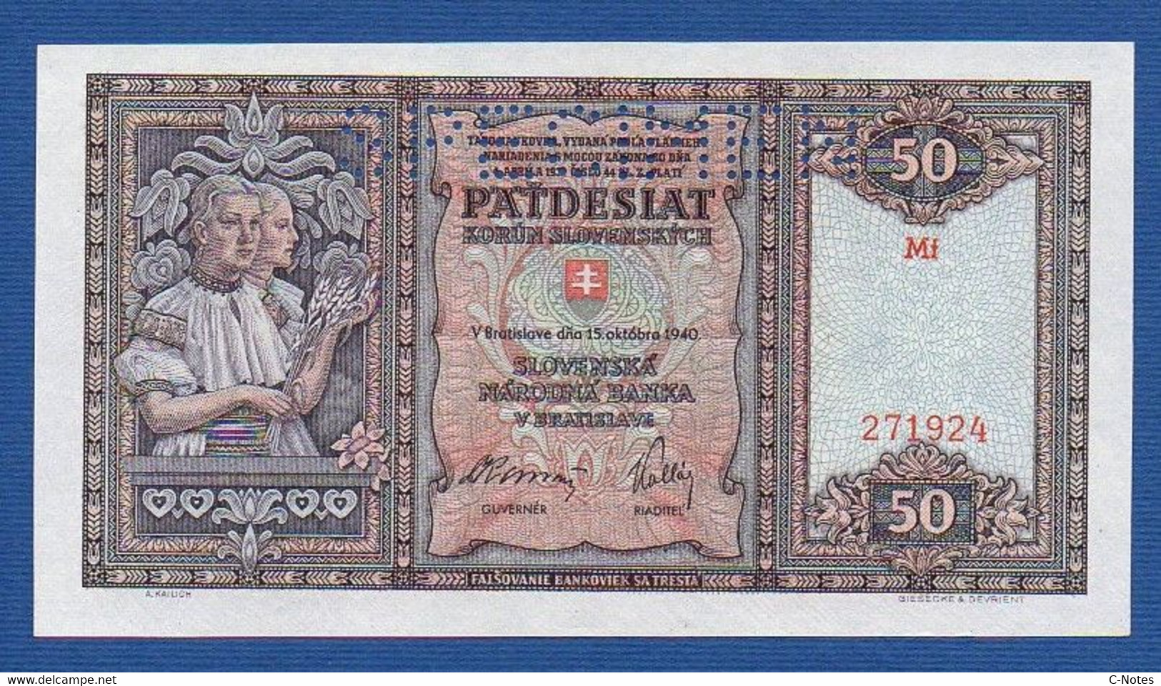 SLOVAKIA - P. 9s – 50 Korún Slovenských 1940 UNC, Serie Mf 271924 SPECIMEN - Slovakia