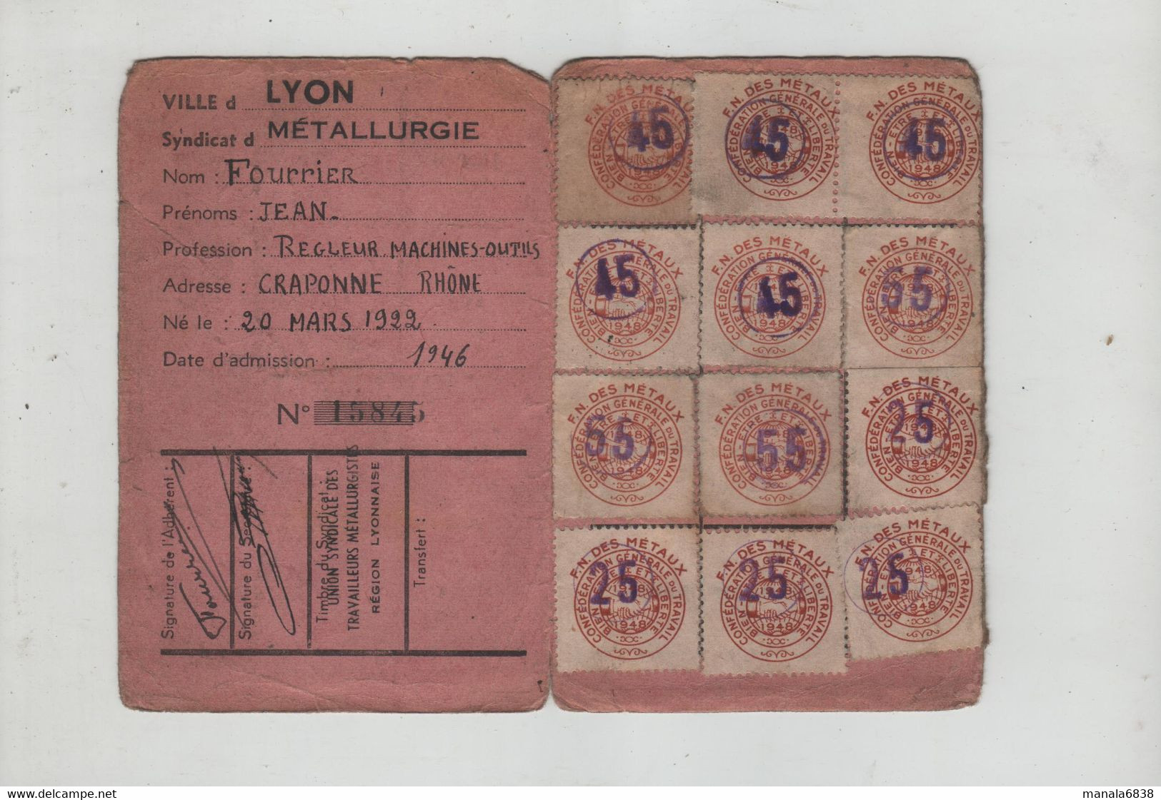Carte Confédérale 1948 CGT Métallurgie Fourrier Régleur Machines Outils Craponne - Tarjetas De Membresía