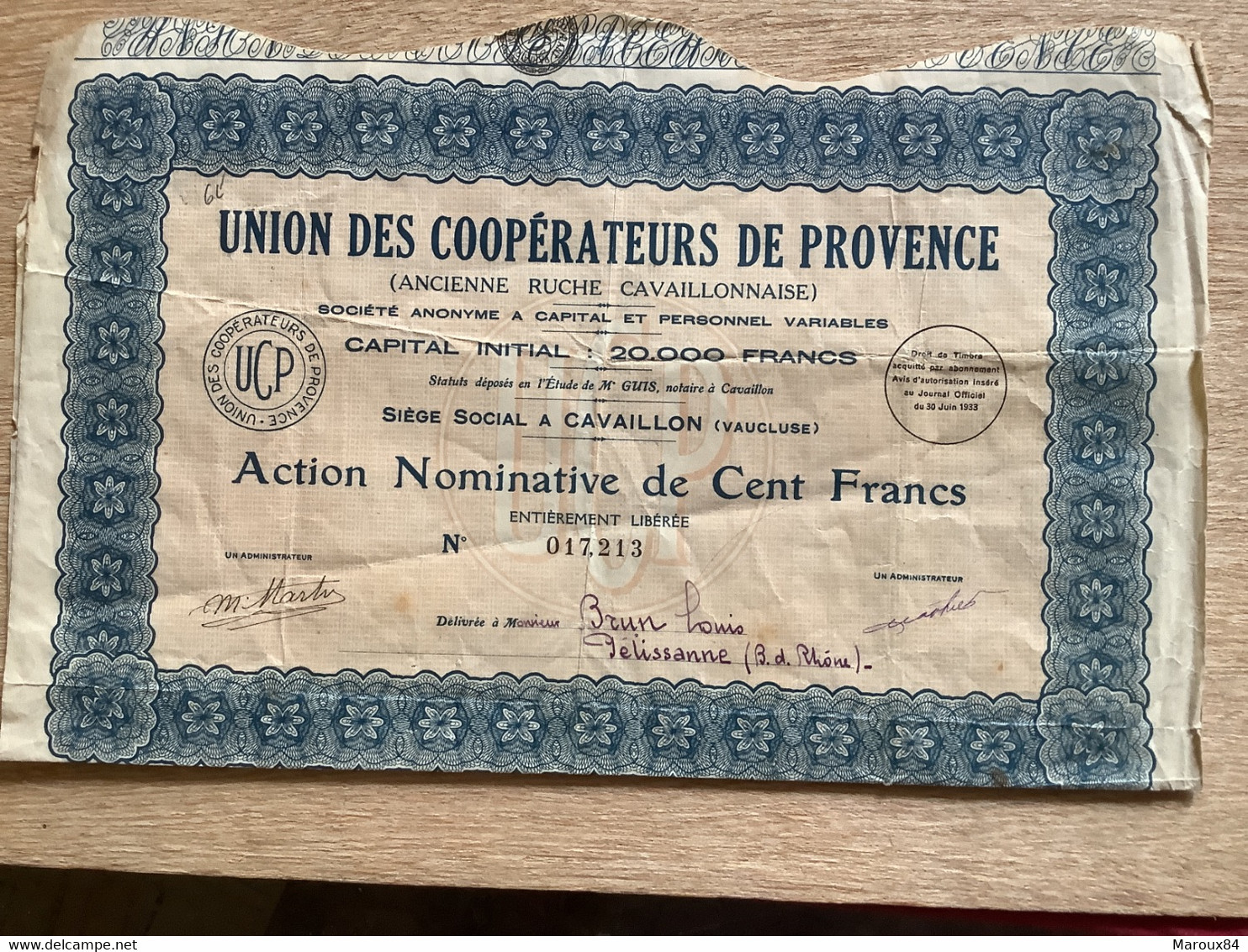 Dpt 84 Union Des Coopérateurs De Provence Ancienne Ruche Cavaillonnaise Action Nominative Cent Francs - Agriculture
