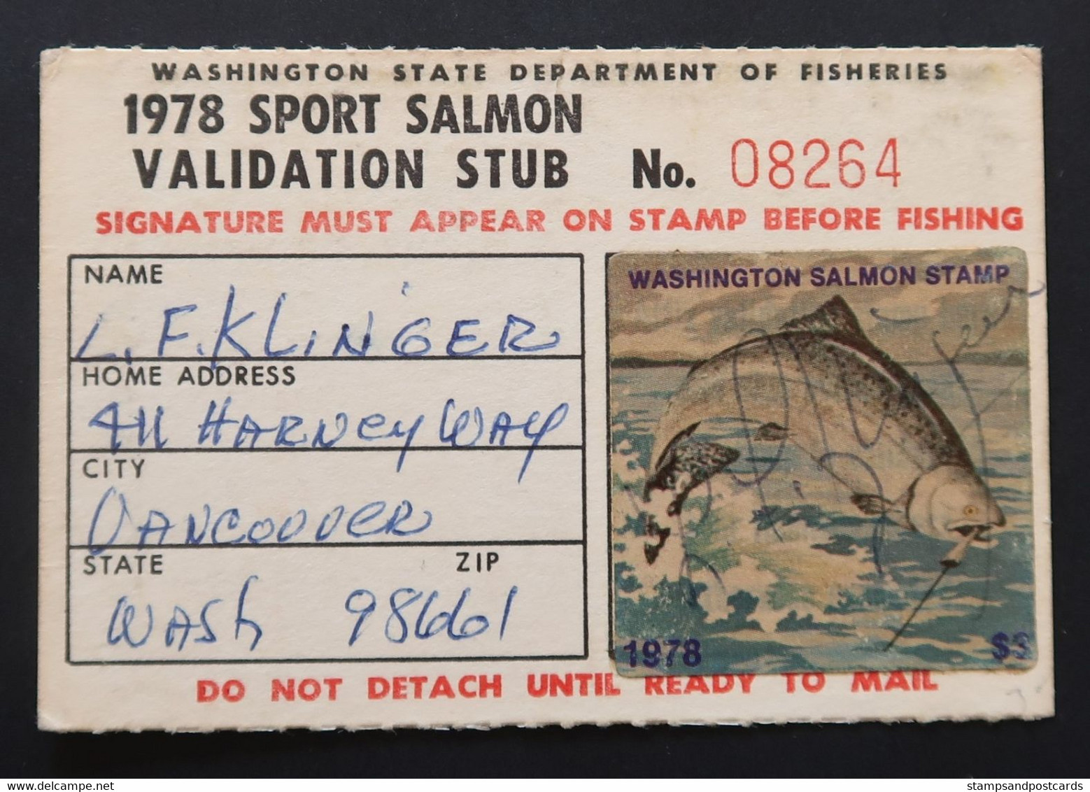 Permis De Pêche Au Saumon Avec Timbre Fiscal Etats Unis 1978 Sport Salmon Validation Stub Washington Revenue Stamp - Fiscali