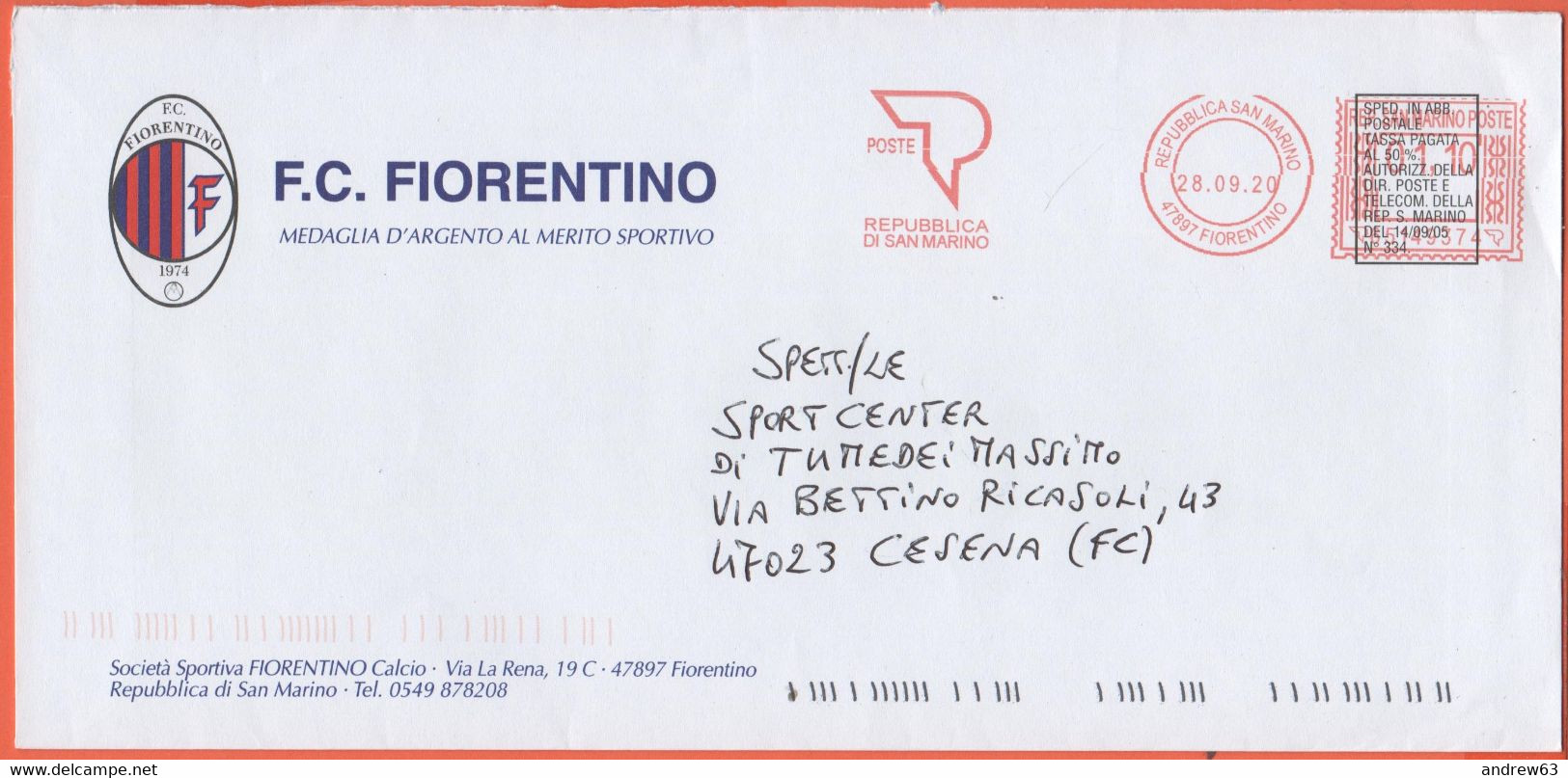 Repubblica Di San Marino - 2020 - 01,10 EMA, Red Cancel - F.C. Fiorentino Calcio - Viaggiata Da Fiorentino Per Cesena - Covers & Documents