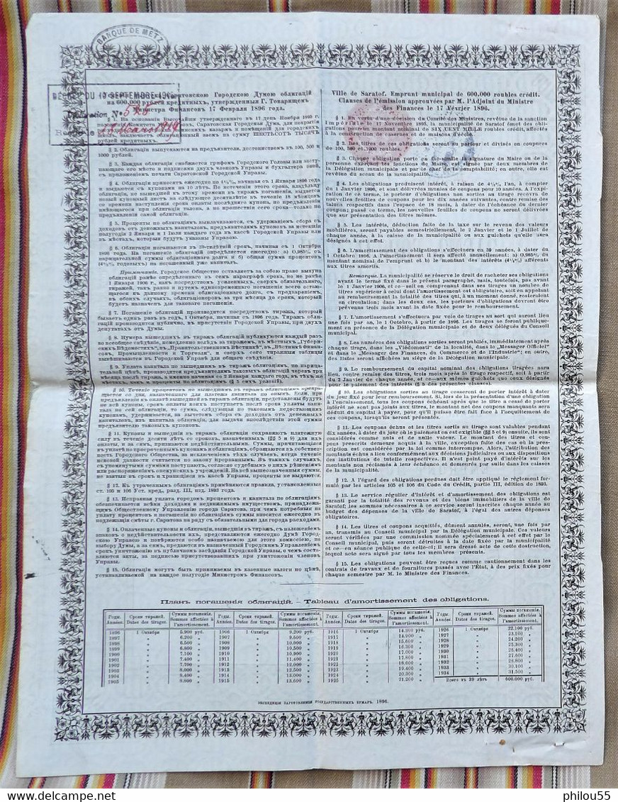 VILLE DE SARATOF Emprunt Municipal Obligation 4 1/2% De 100 Roubles 1896 Coupons - Russia